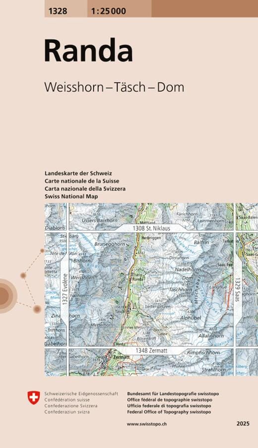 Carte topographique n° 1328 - Randa (Suisse) | Swisstopo - 1/25 000 carte de randonnée Swisstopo 