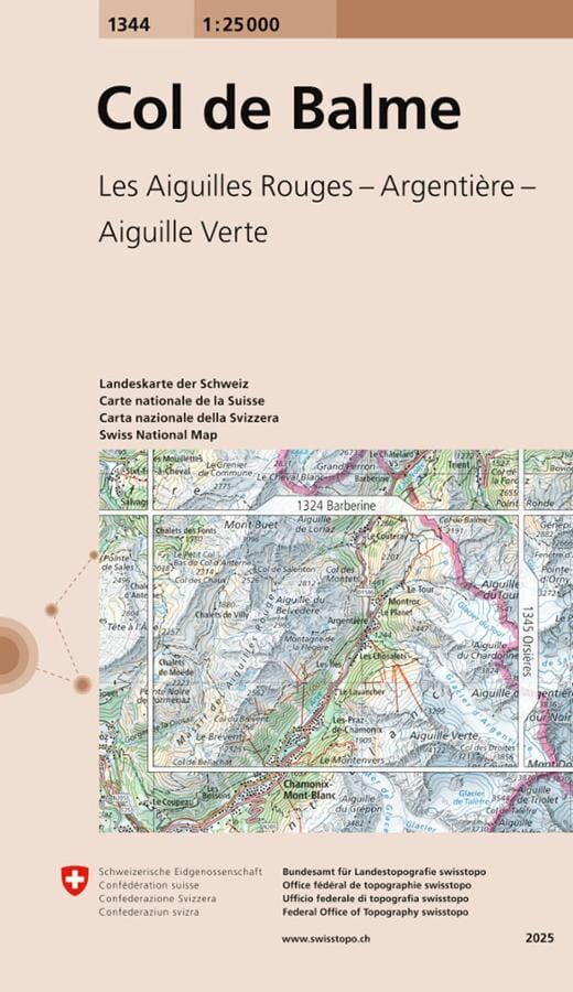 Carte topographique n° 1344 - Col de Balme (Suisse) | Swisstopo - 1/25 000 carte de randonnée Swisstopo 