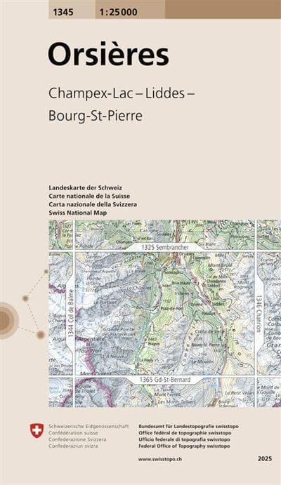 Carte topographique n° 1345 - Orsières (Suisse) | Swisstopo - 1/25 000 carte de randonnée Swisstopo 