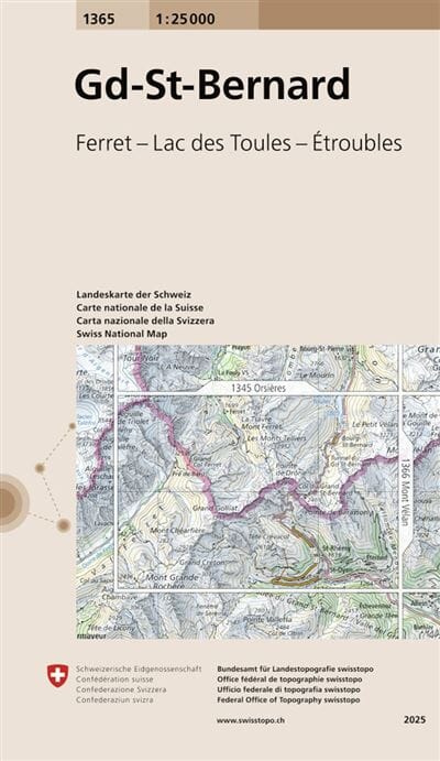Carte topographique n° 1365 - Grand-Saint-Bernard (Suisse) | Swisstopo - 1/25 00 carte de randonnée Swisstopo 