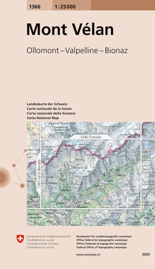 Carte topographique n° 1366 - Mont Vélan (Suisse) | Swisstopo - 1/25 000 carte de randonnée Swisstopo 