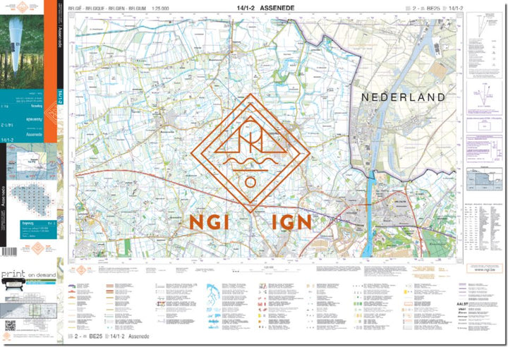 Carte topographique n° 14/1-2 - Assenede (Belgique) | NGI topo 25 carte de randonnée IGN Belgique 