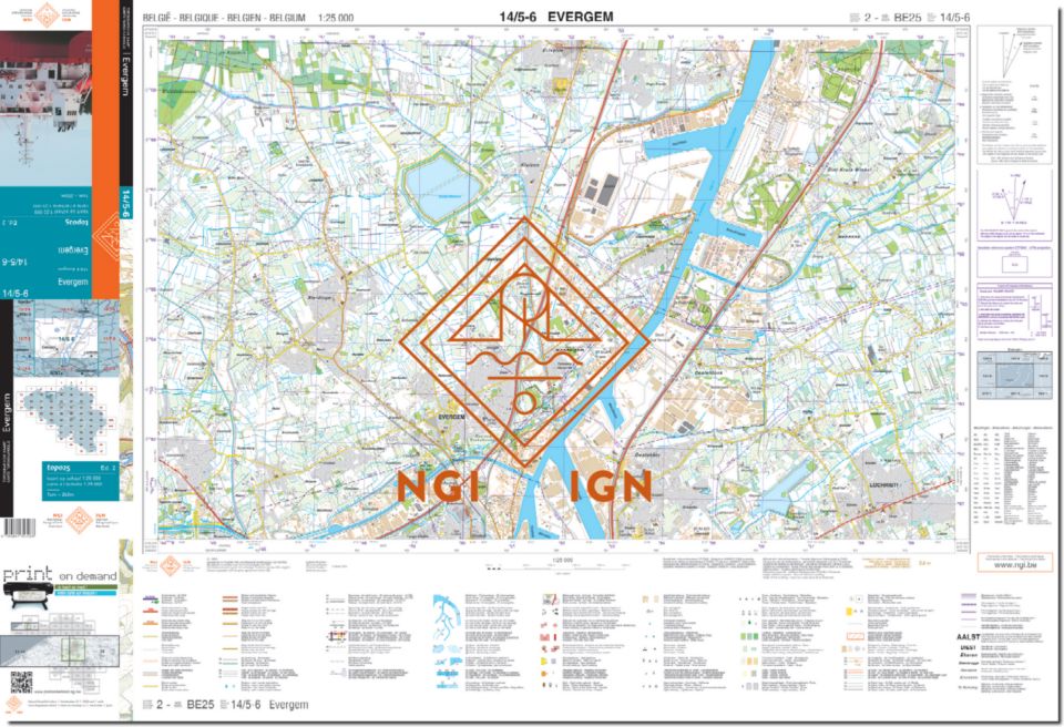 Carte topographique n° 14/5-6 - Evergem (Belgique) | NGI topo 25 carte de randonnée IGN Belgique 