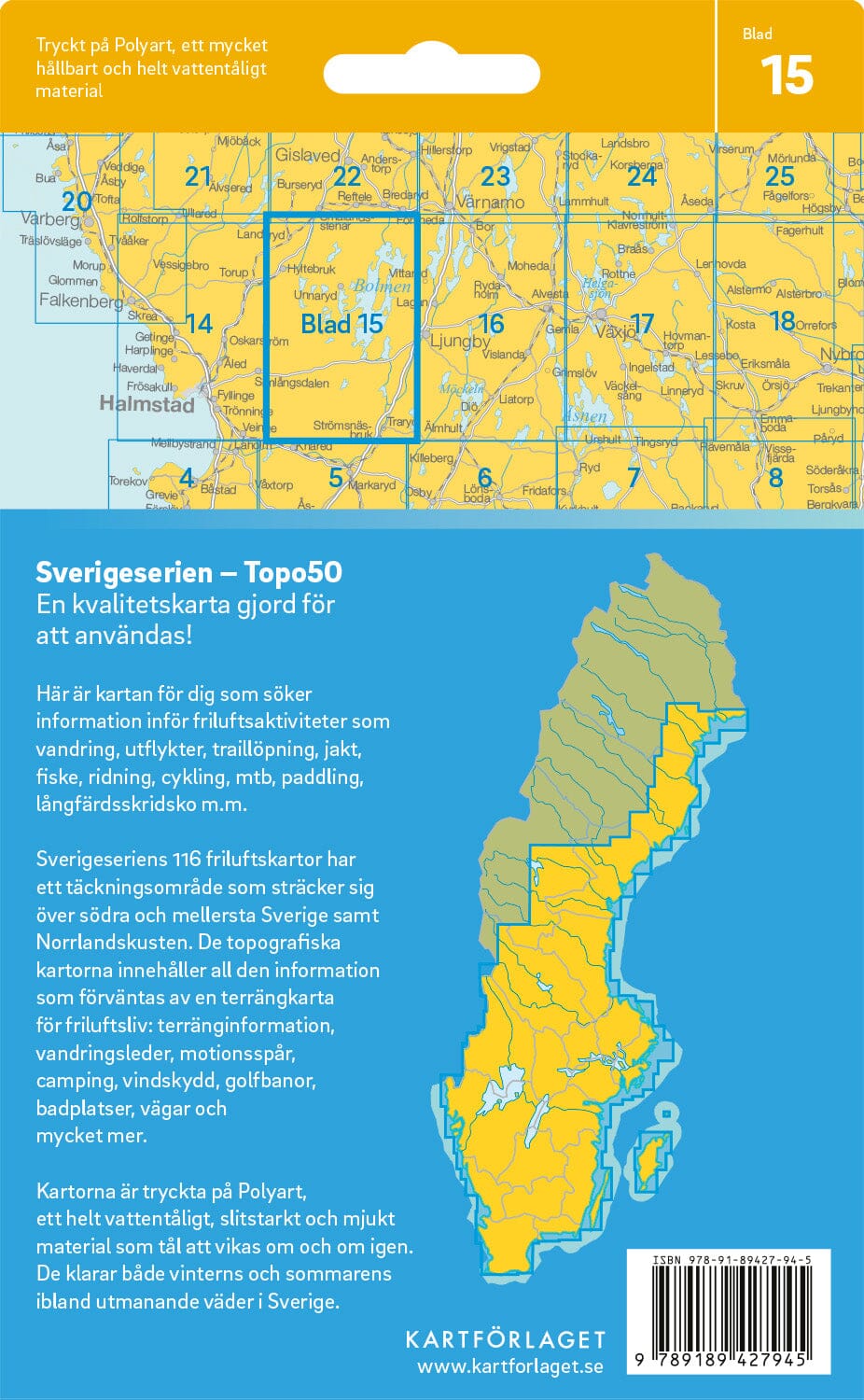 Carte topographique n° 15 - Bolmen (Suède) | Norstedts - Sverigeserien carte de randonnée Norstedts