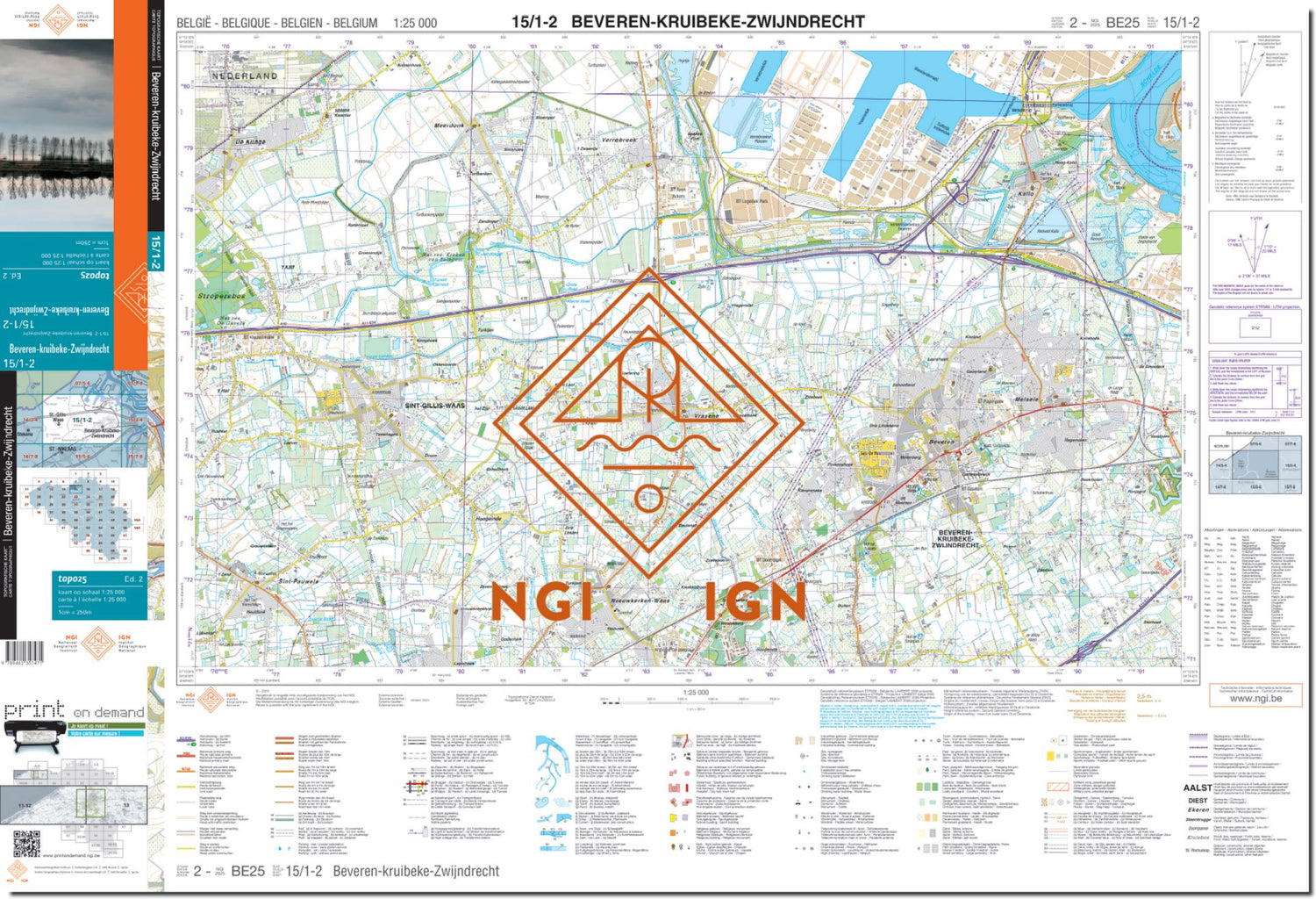 Carte topographique n° 15/1-2 - Beveren (Belgique) | NGI topo 25 carte de randonnée IGN Belgique 