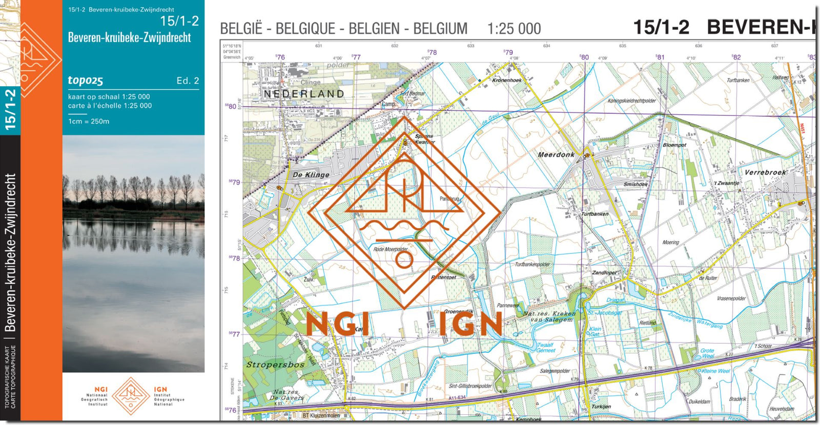 Carte topographique n° 15/1-2 - Beveren (Belgique) | NGI topo 25 carte de randonnée IGN Belgique 