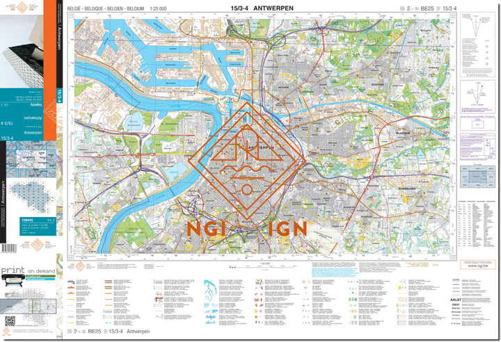 Carte topographique n° 15/3-4 - Antwerpen (Belgique) | NGI topo 25 carte de randonnée IGN Belgique 