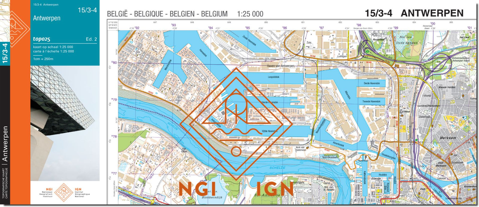 Carte topographique n° 15/3-4 - Antwerpen (Belgique) | NGI topo 25 carte de randonnée IGN Belgique 
