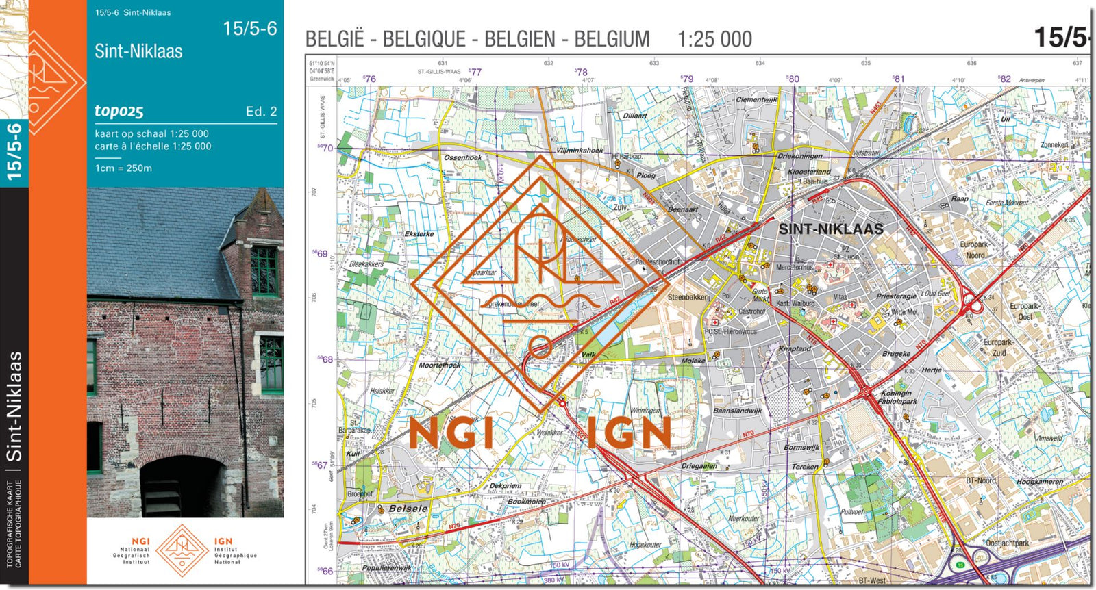Carte topographique n° 15/5-6 - St-Niklaas (Belgique) | NGI topo 25 carte de randonnée IGN Belgique 