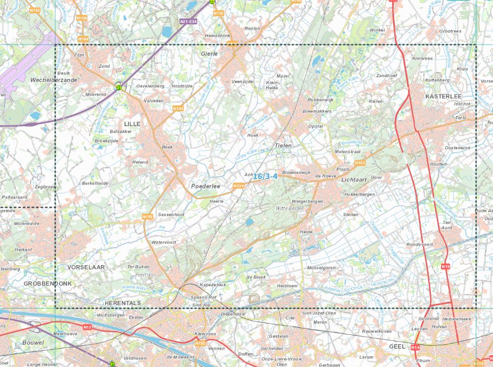 Carte topographique n° 16/3-4 - Kasterlee (Belgique) | NGI topo 25 carte de randonnée IGN Belgique 
