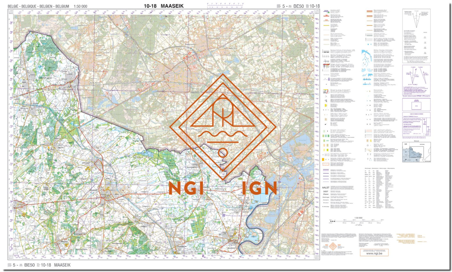 Carte topographique n° 18-10 - Maaseik (Belgique) | NGI - 1/50 000 carte de randonnée IGN Belgique 