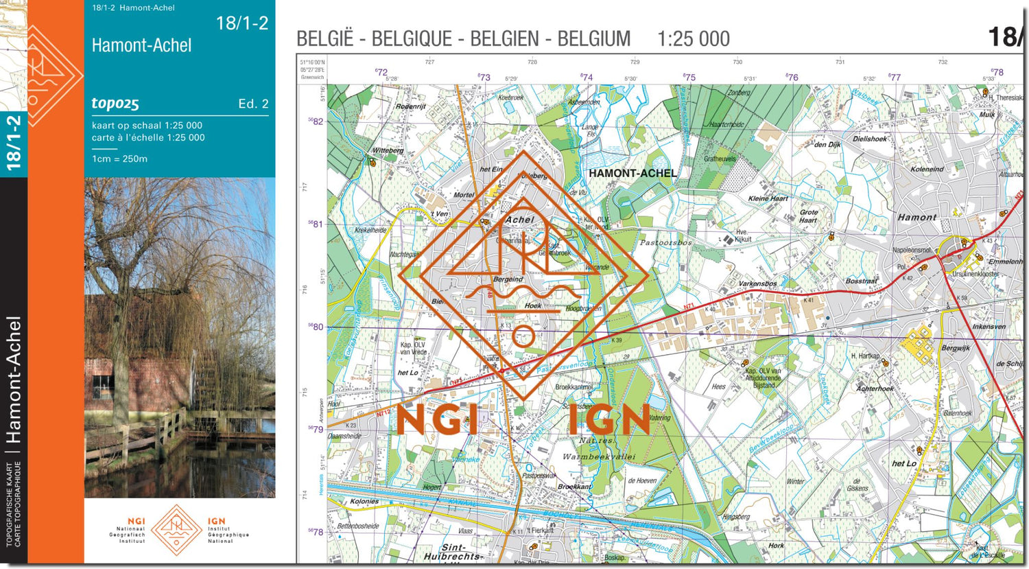 Carte topographique n° 18/1-2 - Hamont-Achel (Belgique) | NGI topo 25 carte de randonnée IGN Belgique 