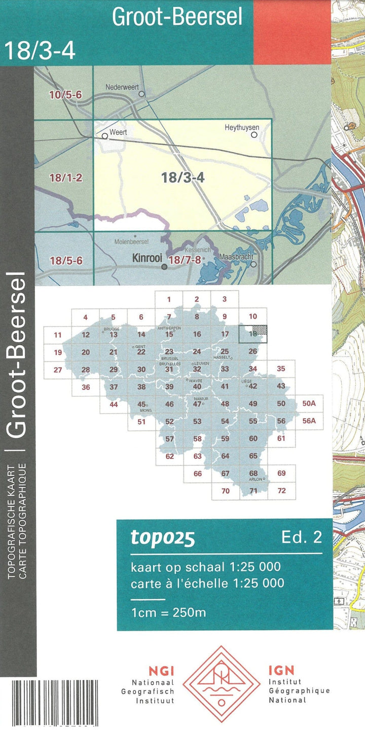 Carte topographique n° 18/3-4 - Groot-Beersel (Belgique) | NGI topo 25 carte de randonnée IGN Belgique 
