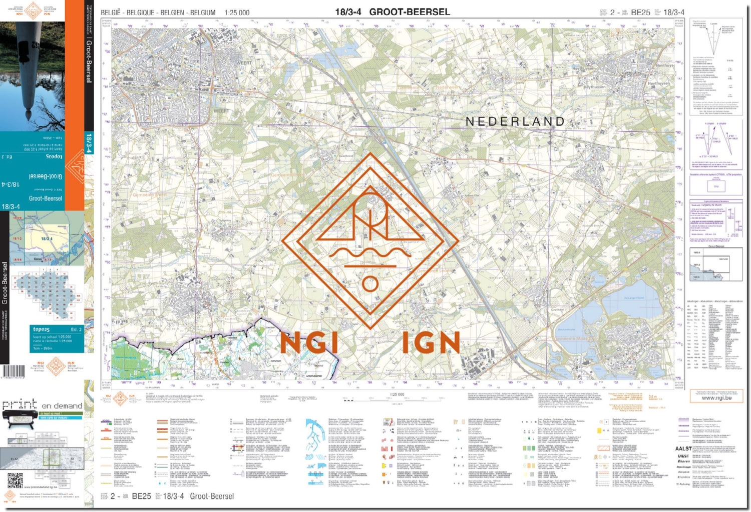 Carte topographique n° 18/3-4 - Groot-Beersel (Belgique) | NGI topo 25 carte de randonnée IGN Belgique 
