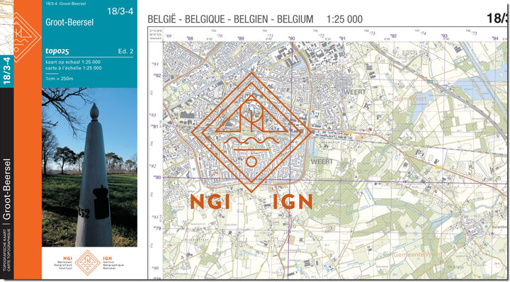 Carte topographique n° 18/3-4 - Groot-Beersel (Belgique) | NGI topo 25 carte de randonnée IGN Belgique 