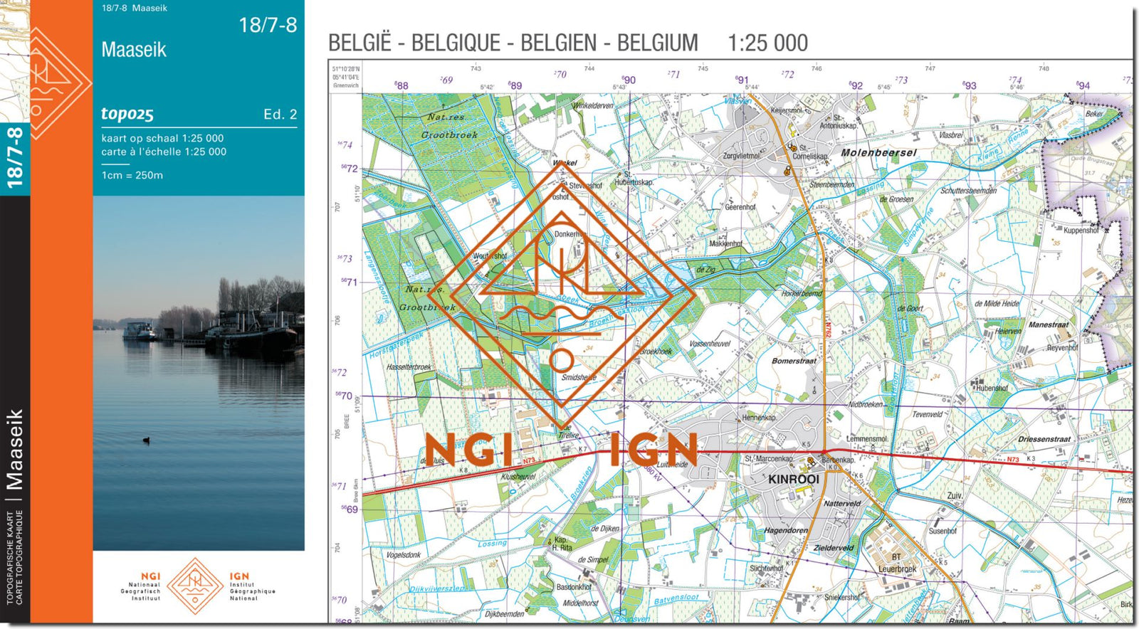 Carte topographique n° 18/7-8 - Maaseik (Belgique) | NGI topo 25 carte de randonnée IGN Belgique 