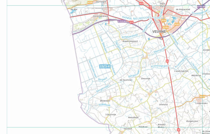 Carte topographique n° 19/3-4 - Veurne (Belgique) | NGI topo 25 carte de randonnée IGN Belgique 