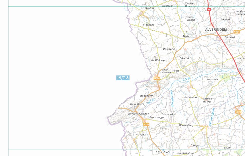 Carte topographique n° 19/7-8 - Roesbrugge-Haringe (Belgique) | NGI topo 25 carte de randonnée IGN Belgique 