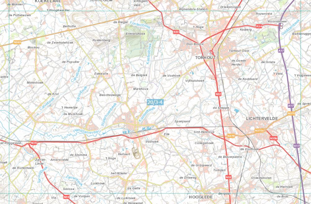 Carte topographique n° 20/3-4 - Torhout (Belgique) | NGI topo 25 carte de randonnée IGN Belgique 