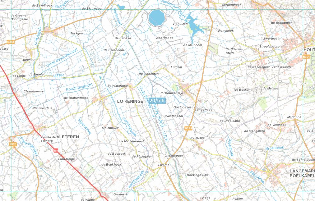 Carte topographique n° 20/5-6 - Lo-Reninge (Belgique) | NGI topo 25 carte de randonnée IGN Belgique 