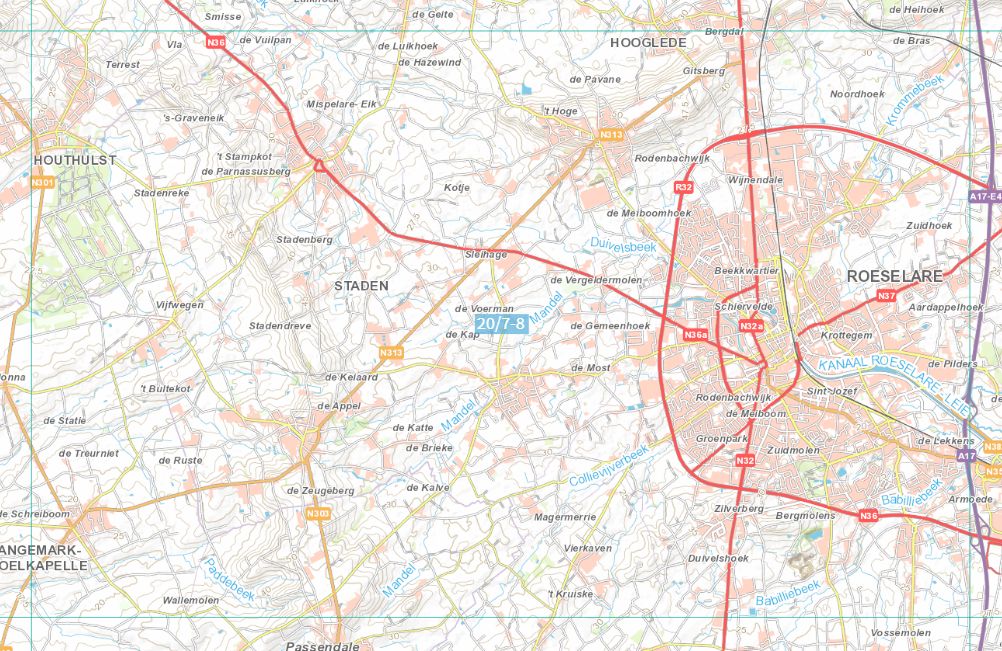 Carte topographique n° 20/7-8 - Roeselare (Belgique) | NGI topo 25 carte de randonnée IGN Belgique 