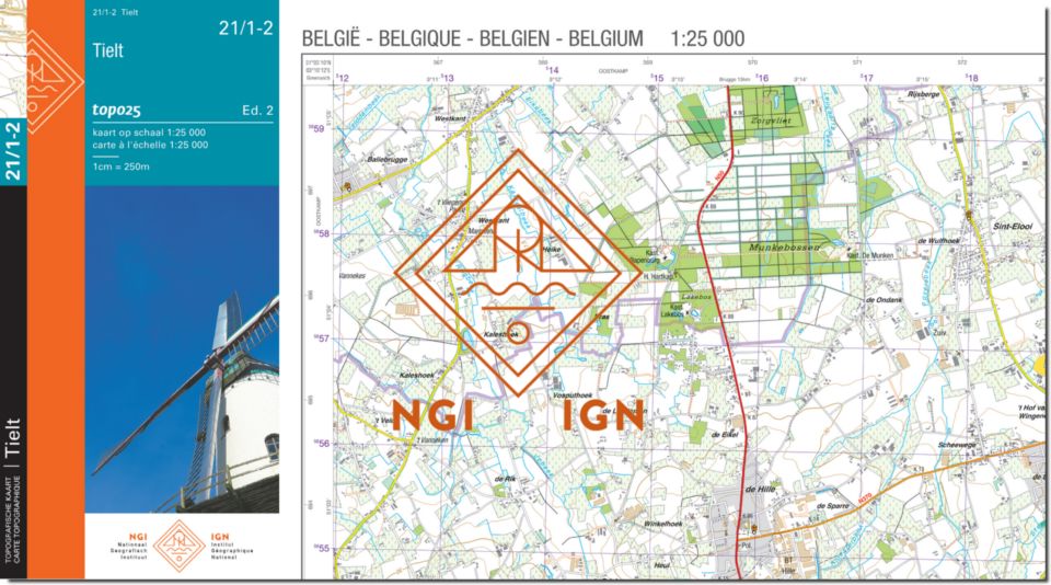 Carte topographique n° 21/1-2 - Tielt (Belgique) | NGI topo 25 carte de randonnée IGN Belgique