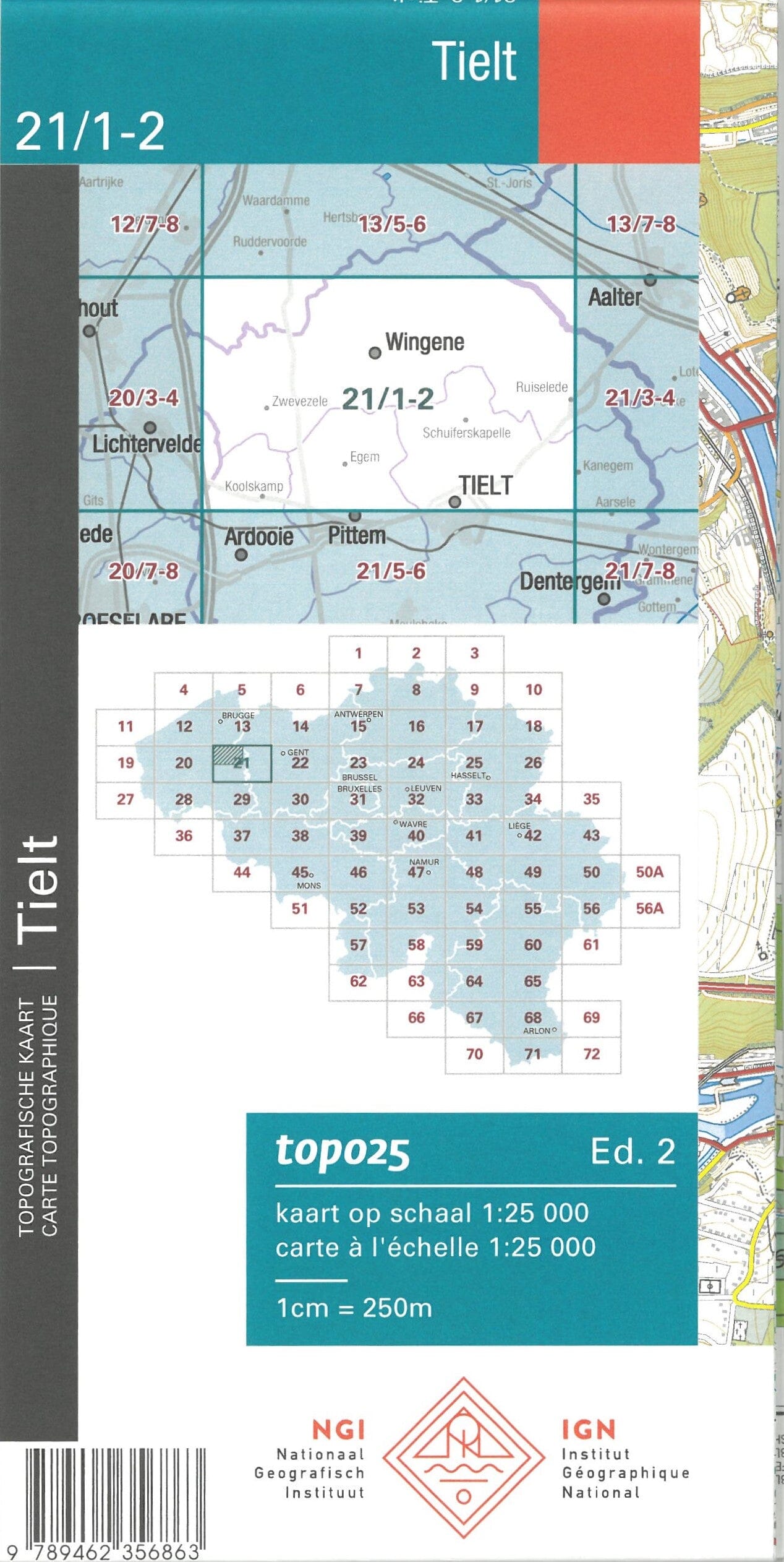 Carte topographique n° 21/1-2 - Tielt (Belgique) | NGI topo 25 carte de randonnée IGN Belgique