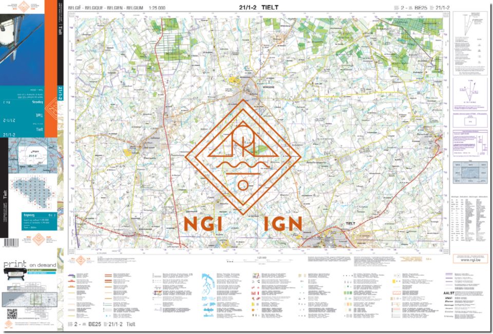 Carte topographique n° 21/1-2 - Tielt (Belgique) | NGI topo 25 carte de randonnée IGN Belgique