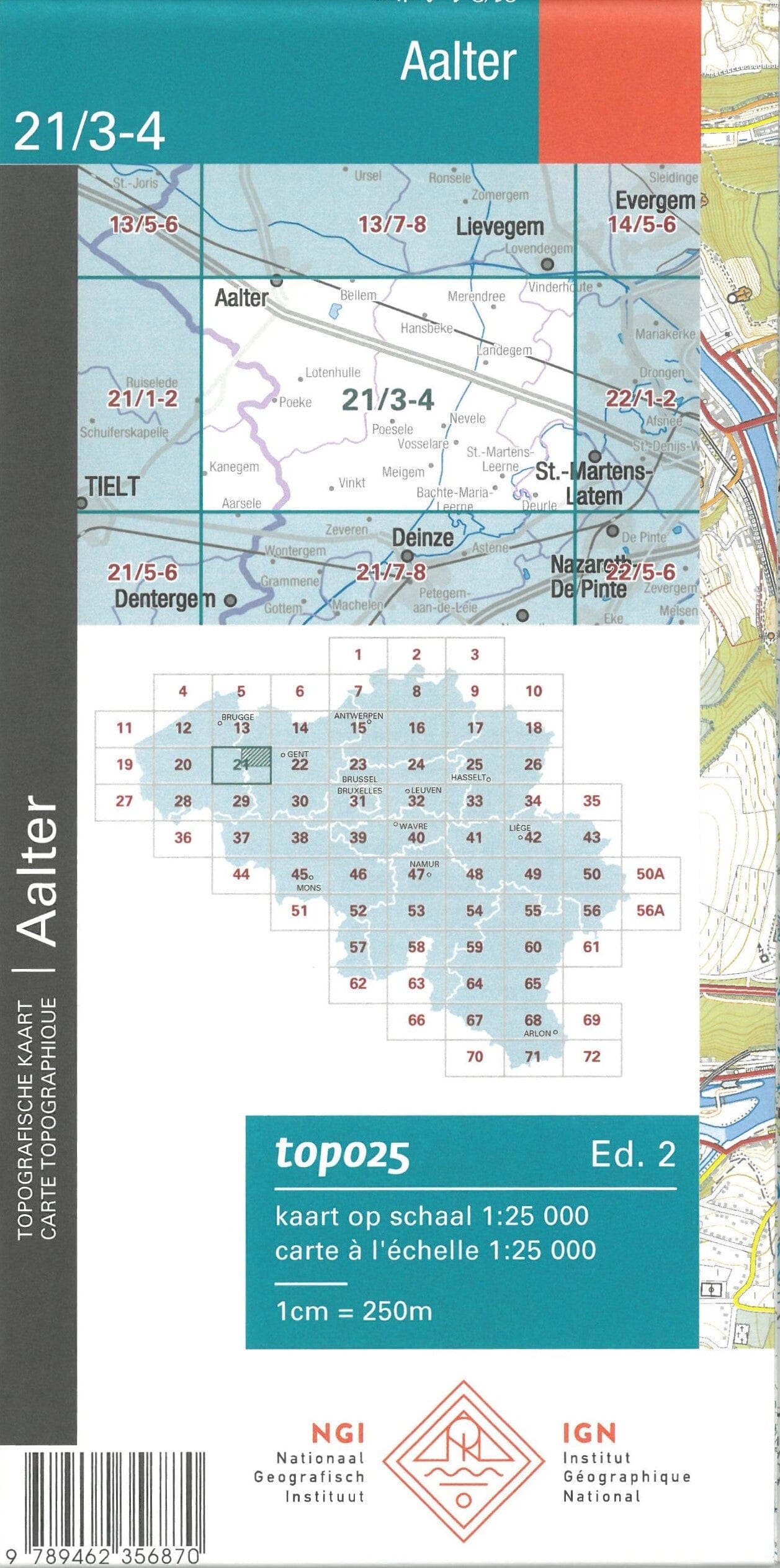 Carte topographique n° 21/3-4 - Aalter (Belgique) | NGI topo 25 carte de randonnée IGN Belgique