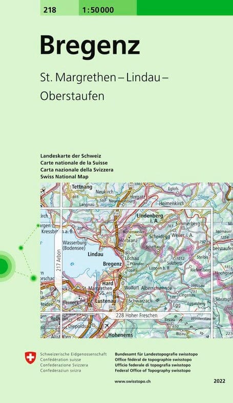 Carte topographique n° 218 - Bregenz (Autriche) | Swisstopo - 1/50 000 carte de randonnée Swisstopo 