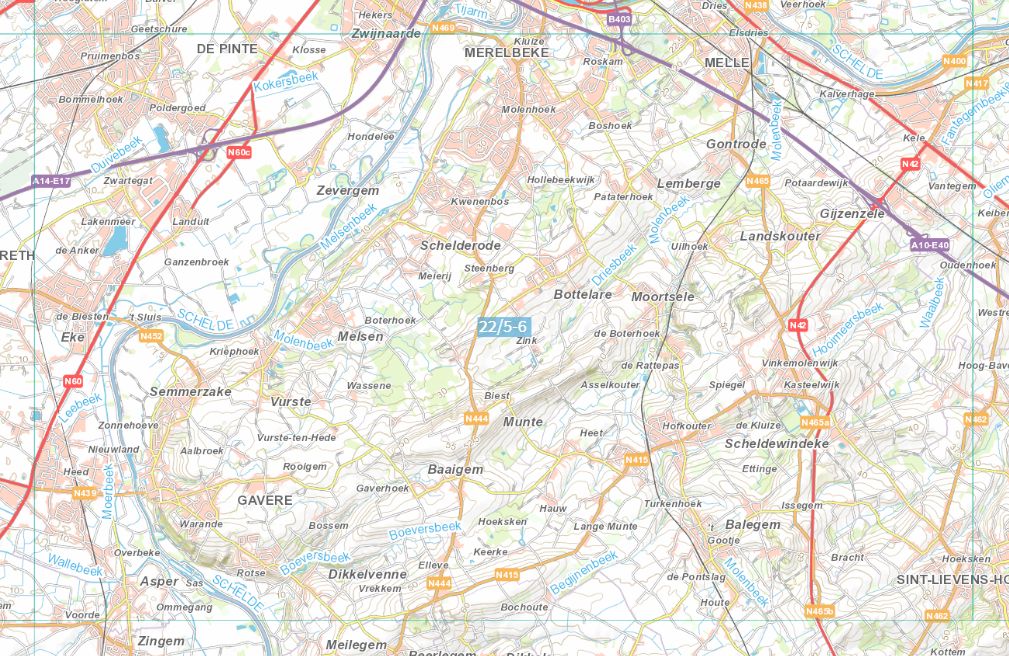 Carte topographique n° 22/5-6 - Merelbeke (Belgique) | NGI topo 25 carte de randonnée IGN Belgique 