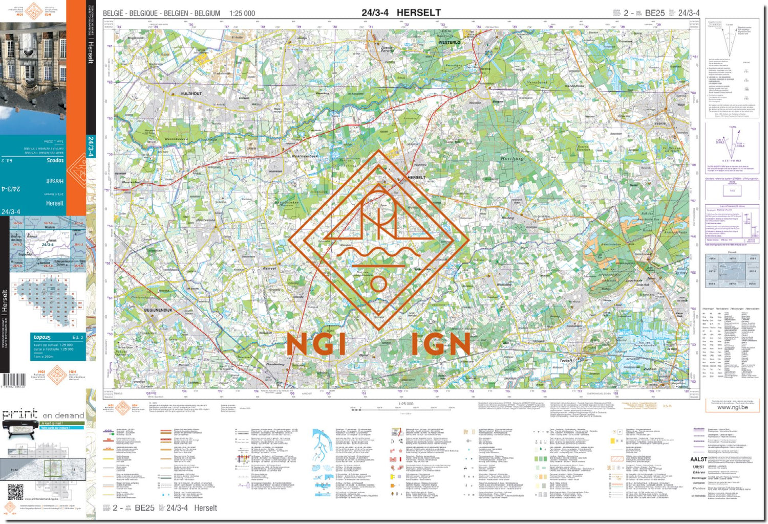 Carte topographique n° 24/3-4 - Herselt (Belgique) | NGI topo 25 carte de randonnée IGN Belgique 
