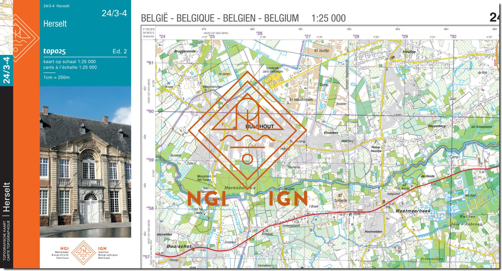 Carte topographique n° 24/3-4 - Herselt (Belgique) | NGI topo 25 carte de randonnée IGN Belgique 