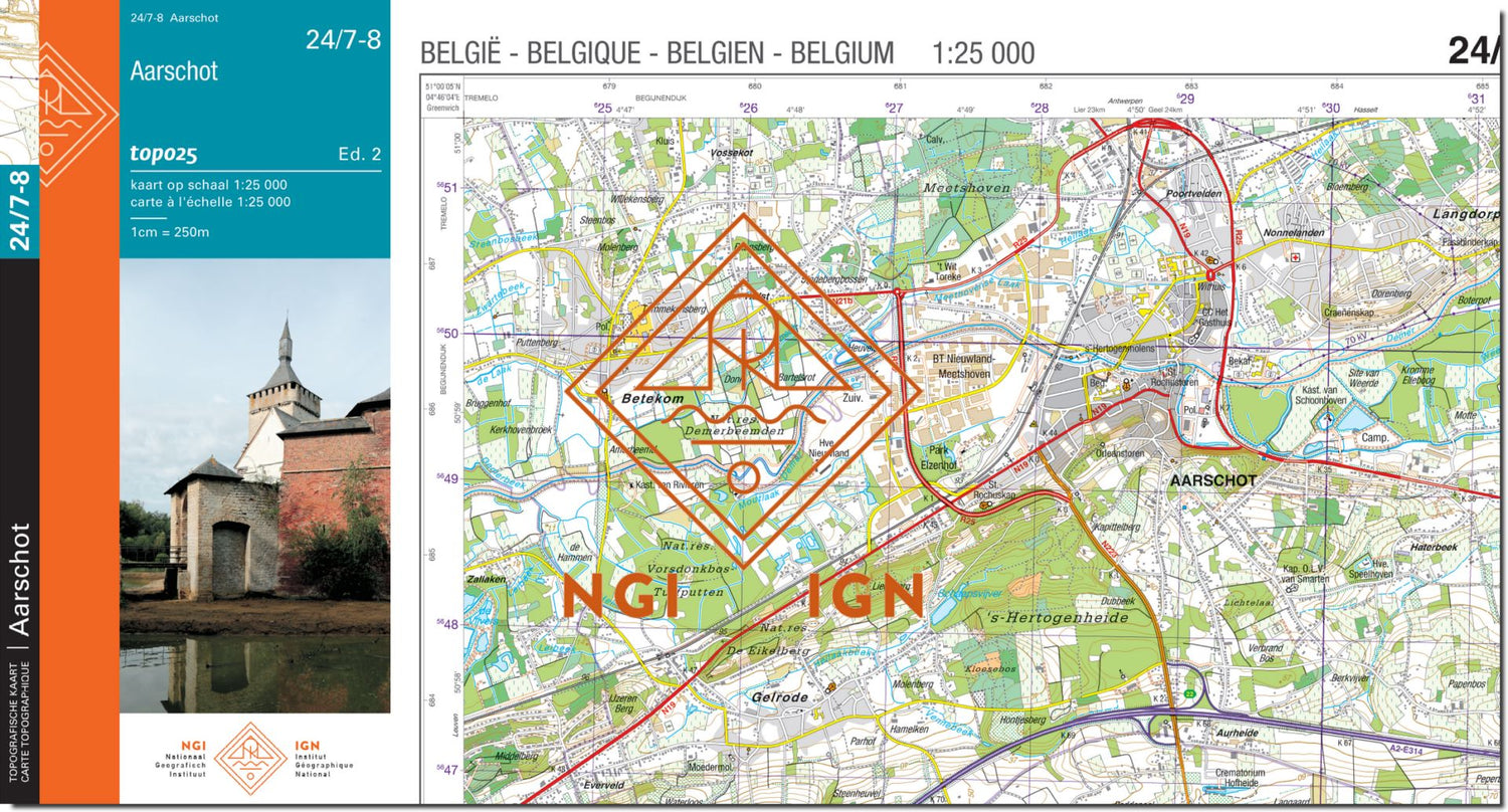 Carte topographique n° 24/7-8 - Aarschot (Belgique) | NGI topo 25 carte de randonnée IGN Belgique 