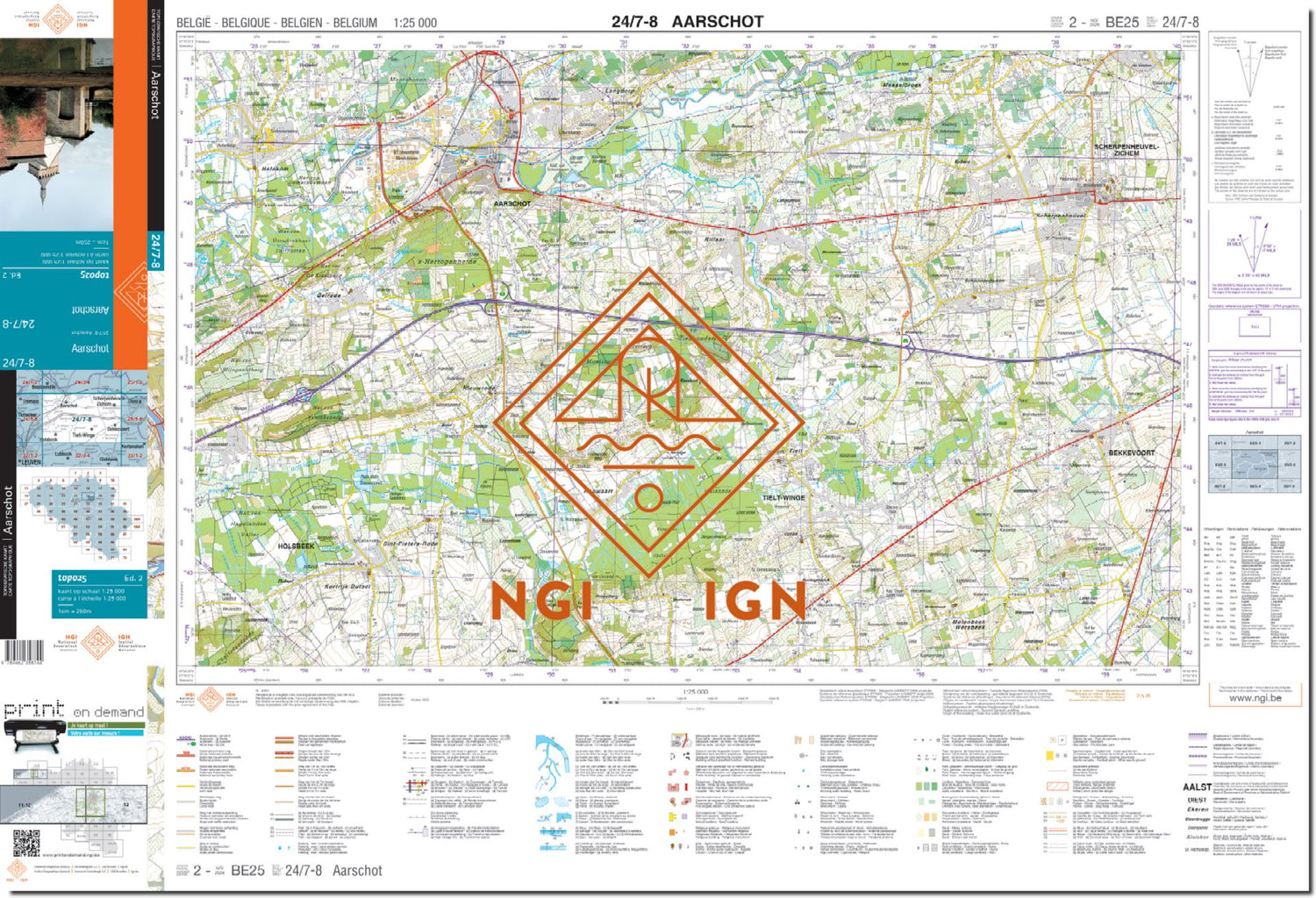 Carte topographique n° 24/7-8 - Aarschot (Belgique) | NGI topo 25 carte de randonnée IGN Belgique 