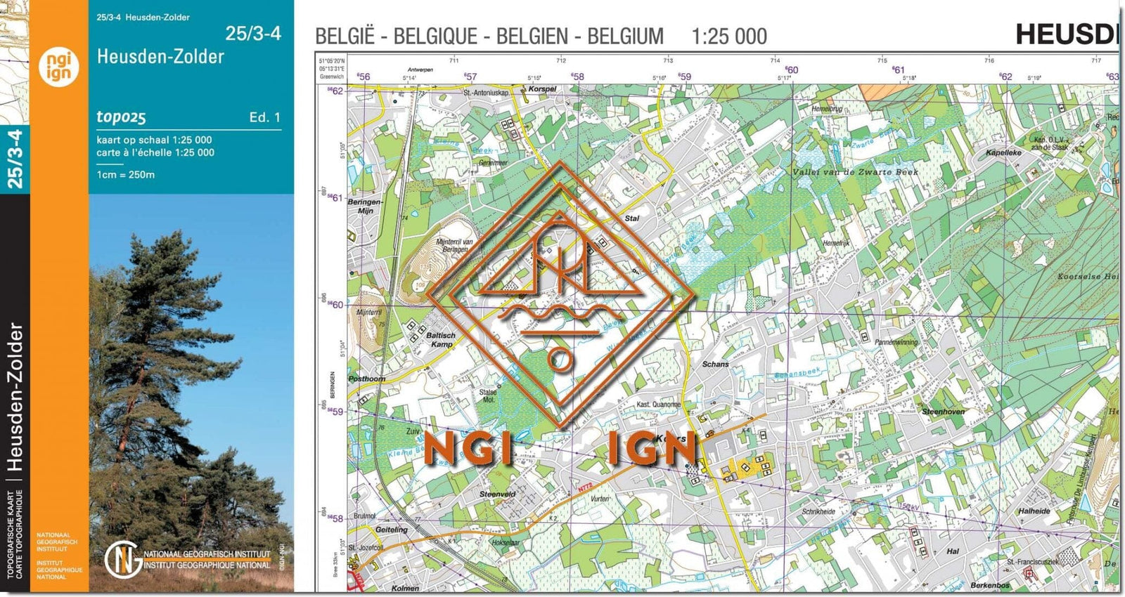 Carte topographique n° 25/3-4 - Heusden-Zolder (Belgique) | NGI topo 25 carte de randonnée IGN Belgique 