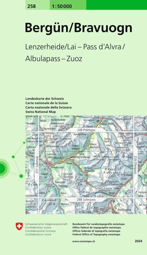 Carte topographique n° 258 - Berguen (Suisse) | Swisstopo - 1/50 000 carte de randonnée Swisstopo
