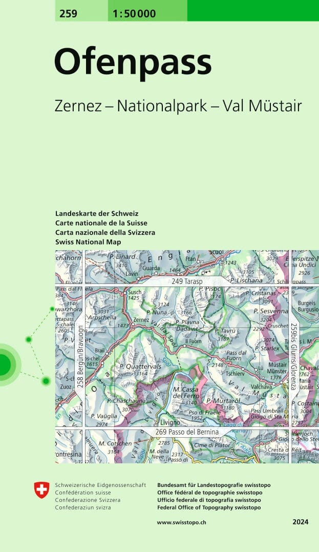Carte topographique n° 259 - Ofenpass (Suisse) | Swisstopo - 1/50 000 carte de randonnée Swisstopo