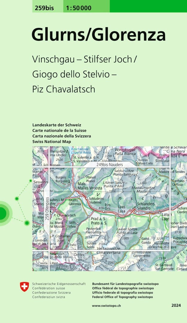 Carte topographique n° 259BIS - Glorenza, Glums (Suisse) | Swisstopo - 1/50 000 carte de randonnée Swisstopo