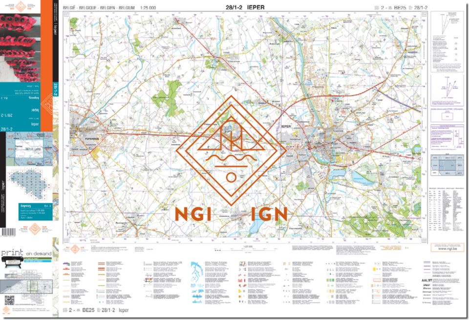 Carte topographique n° 28/1-2 - leper (Belgique) | NGI topo 25 carte de randonnée IGN Belgique 