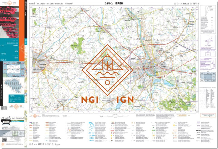 Carte topographique n° 28/1-2 - leper (Belgique) | NGI topo 25 carte de randonnée IGN Belgique 