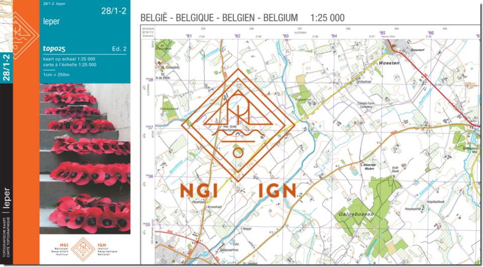 Carte topographique n° 28/1-2 - leper (Belgique) | NGI topo 25 carte de randonnée IGN Belgique 