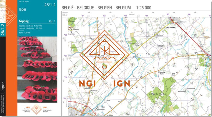 Carte topographique n° 28/1-2 - leper (Belgique) | NGI topo 25 carte de randonnée IGN Belgique 