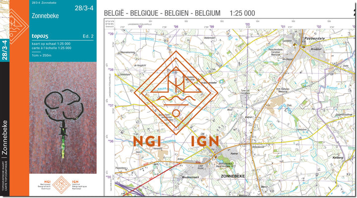 Carte topographique n° 28/3-4 - Zonnebeke (Belgique) | NGI topo 25 carte de randonnée IGN Belgique 
