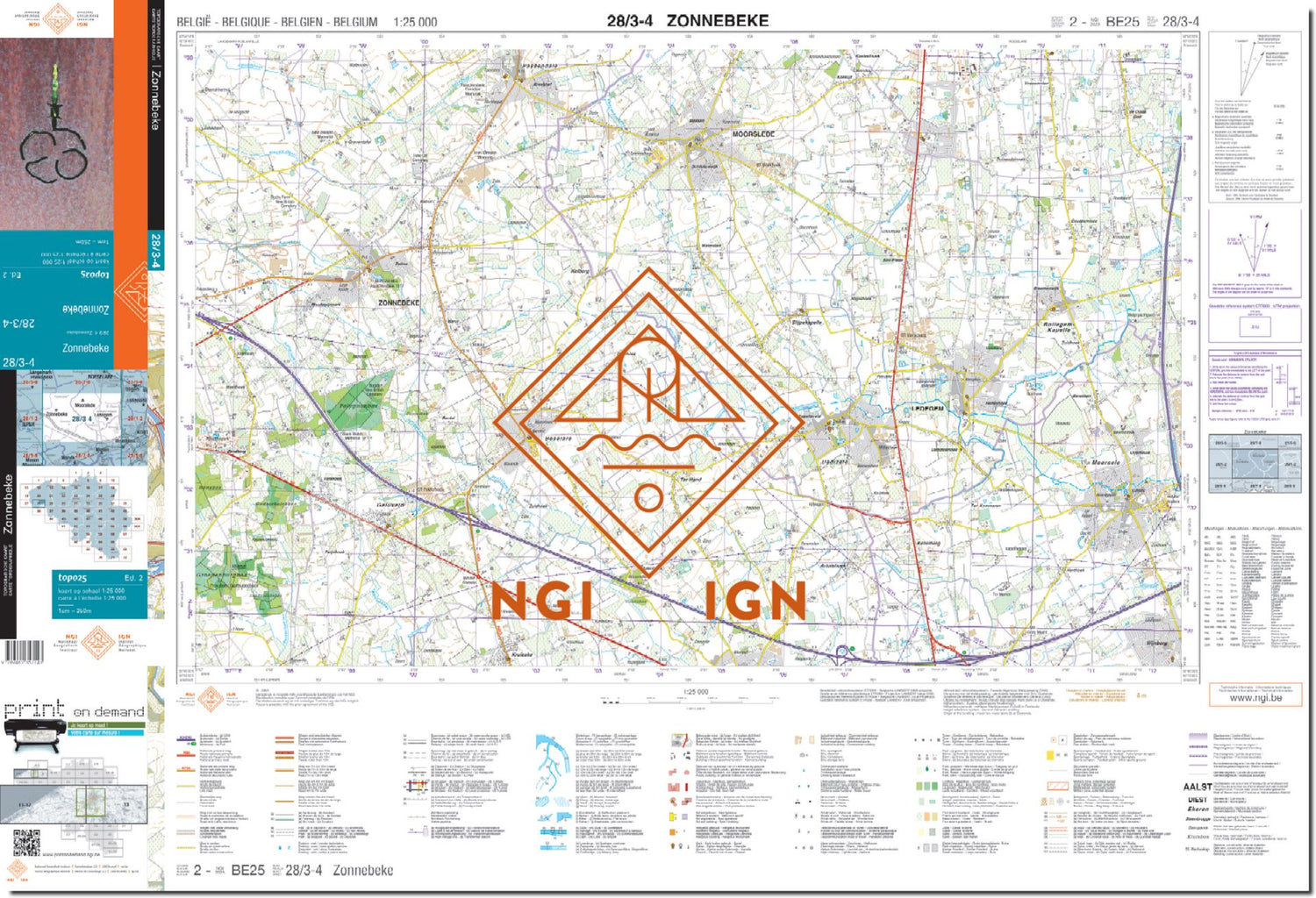 Carte topographique n° 28/3-4 - Zonnebeke (Belgique) | NGI topo 25 carte de randonnée IGN Belgique 