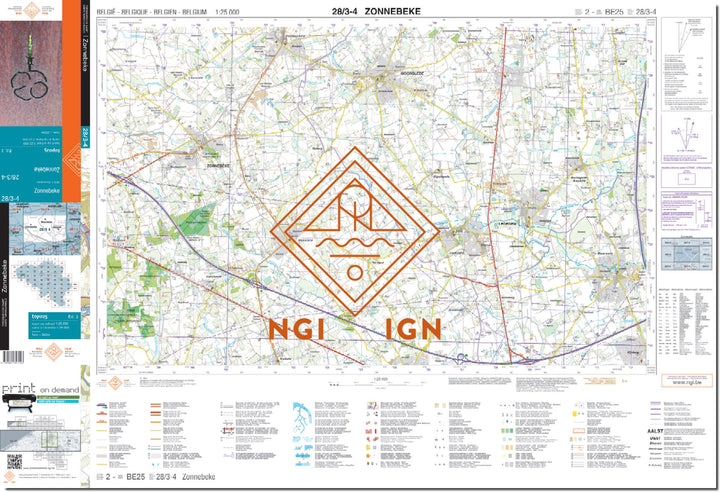 Carte topographique n° 28/3-4 - Zonnebeke (Belgique) | NGI topo 25 carte de randonnée IGN Belgique 