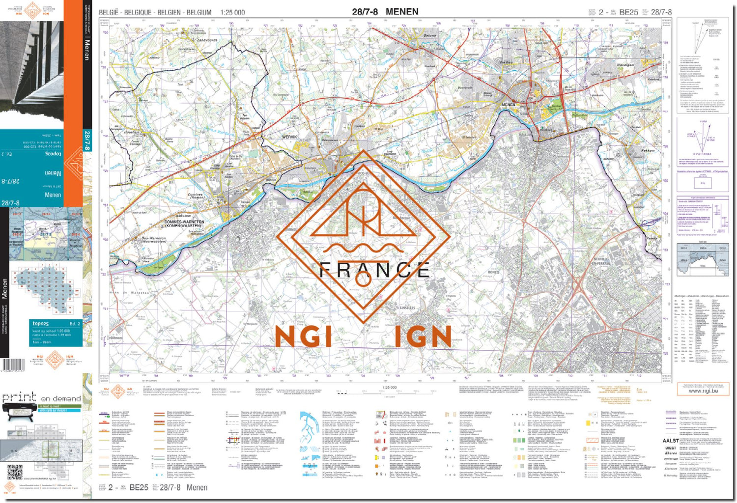 Carte topographique n° 28/7-8 - Menen (Belgique) | NGI topo 25 carte de randonnée IGN Belgique 