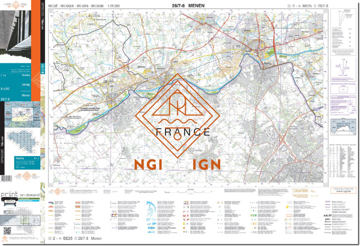 Carte topographique n° 28/7-8 - Menen (Belgique) | NGI topo 25 carte de randonnée IGN Belgique 