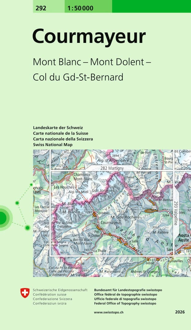 Carte topographique n° 292 - Courmayeur (Italie) | Swisstopo - 1/50 000 carte de randonnée Swisstopo