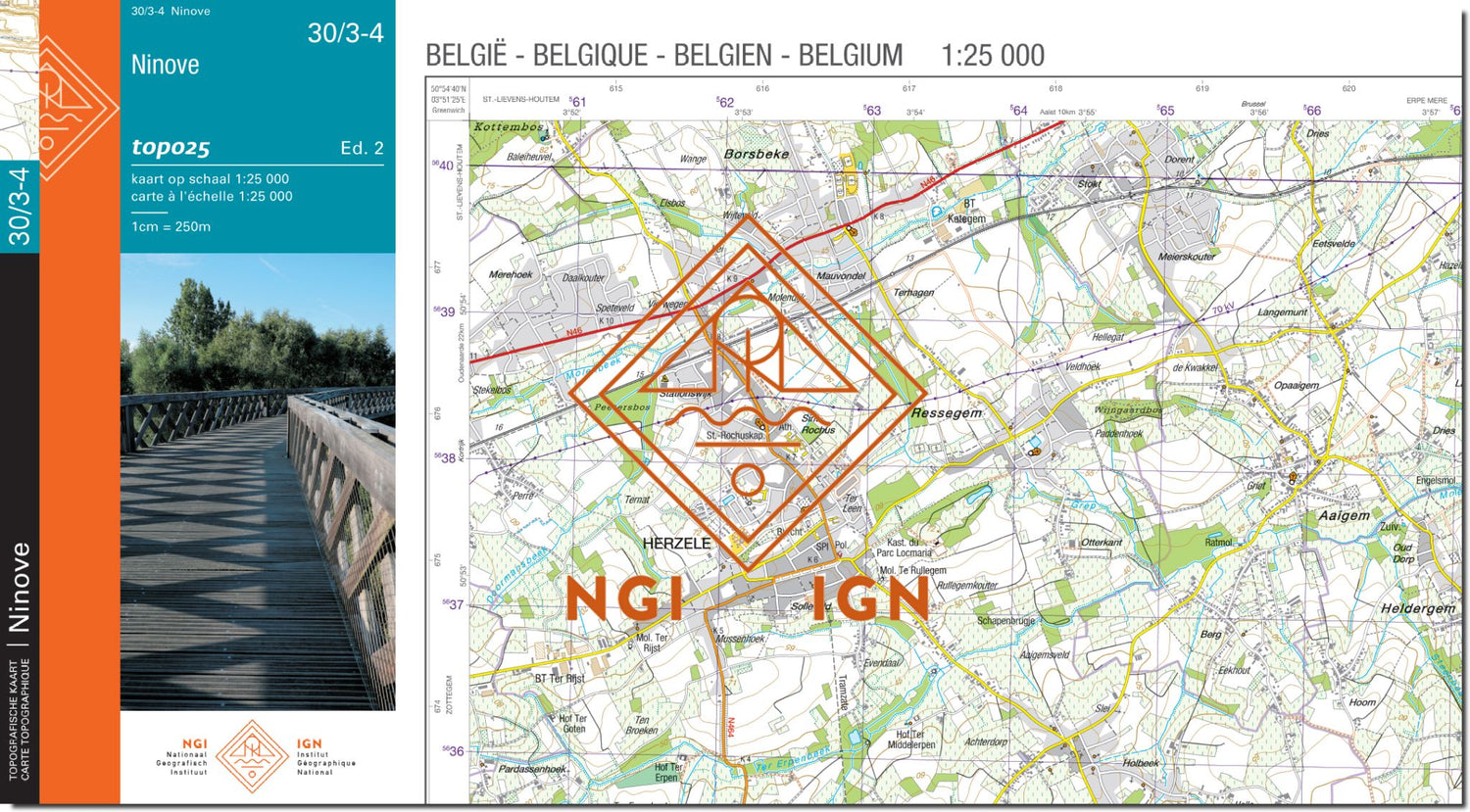 Carte topographique n° 30/3-4 - Ninove (Belgique) | NGI topo 25 carte de randonnée IGN Belgique 